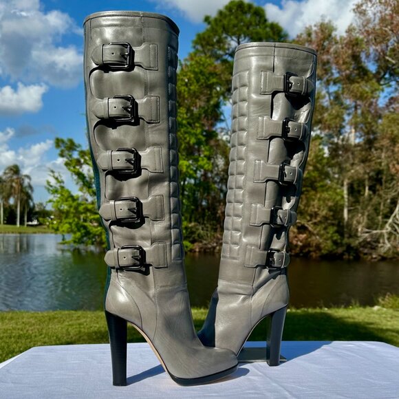 NIB Reed Krakoff Dark Gray Teal Leather Motorcycle Boot Buckle 7 Coach Designer - Picture 2 of 16